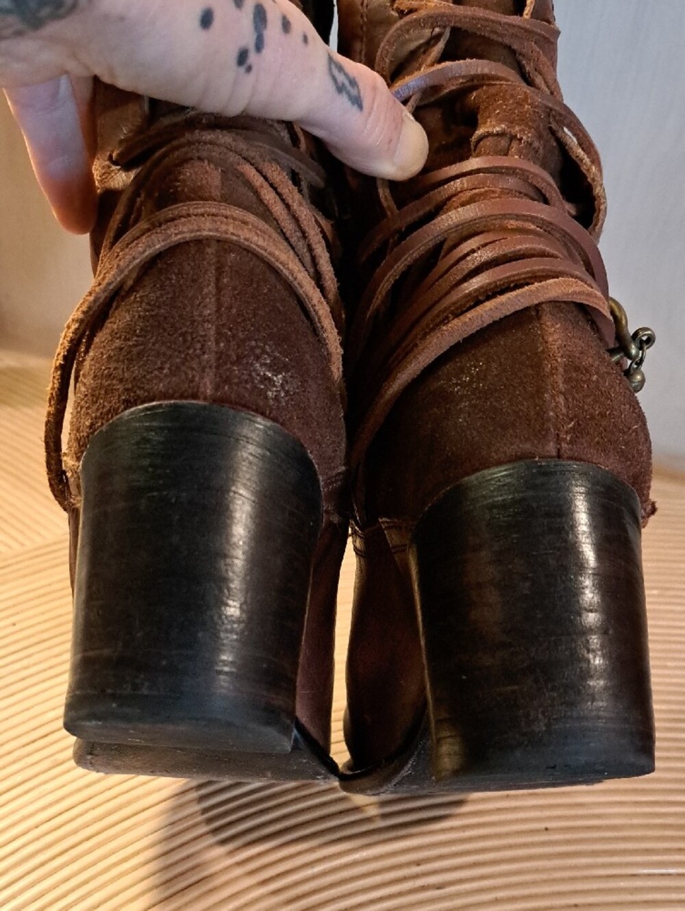 Freebird by Steven Cognac Coal Knee-High Laced Heeled Boots 10 - Picture 8 of 10